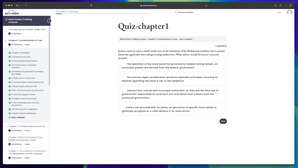 Screenshot of Realty Academy's quiz interface displaying Quiz Chapter 1, showing question text and multiple choice format, with a progress indicator and navigation sidebar for easy access to other course materials